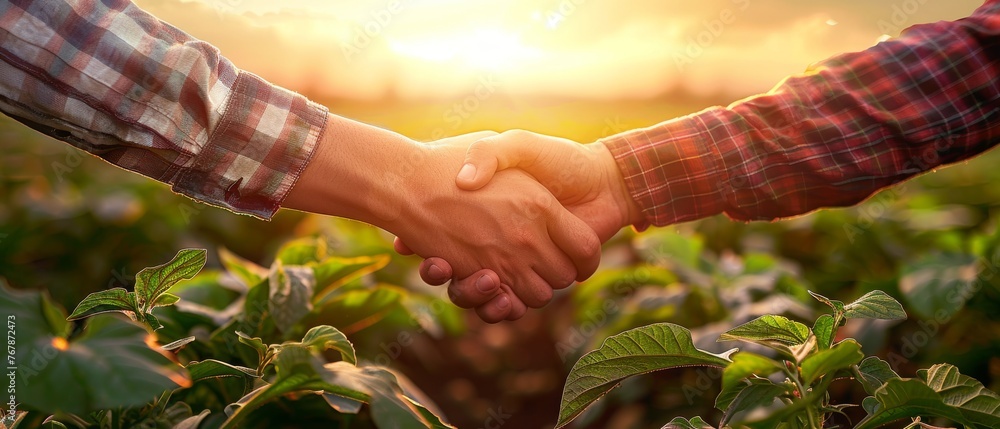 Aufkleber shaking hands between two farmers while sunset is approaching.