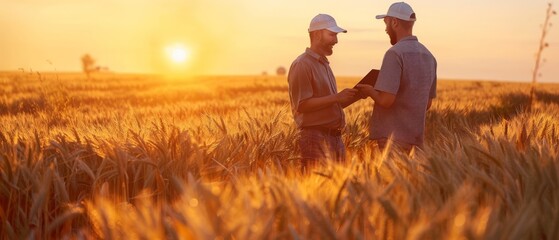 A farmer and a farmer with a tablet are examining a corp at sunset, standing in a wheat field with a tablet between them. - obrazy, fototapety, plakaty