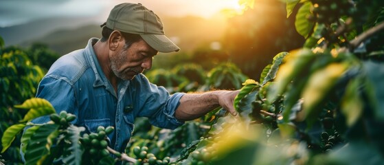 Work in the coffee field at sunset by a farmer