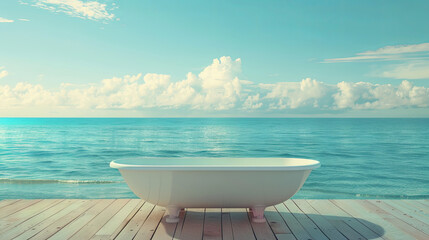 Fototapeta na wymiar A picturesque scene is created as a white bathtub sits on the shore of a beautiful turquoise ocean.