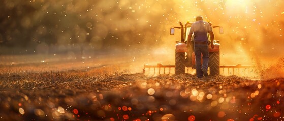 An 18-year-old farmer inspects planted wheat while plowing the field with a tractor