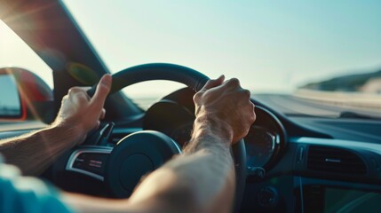 A driver's hands on the steering wheel, set against the road stretching ahead. It's a view of autonomy, travel, and the journey ahead.