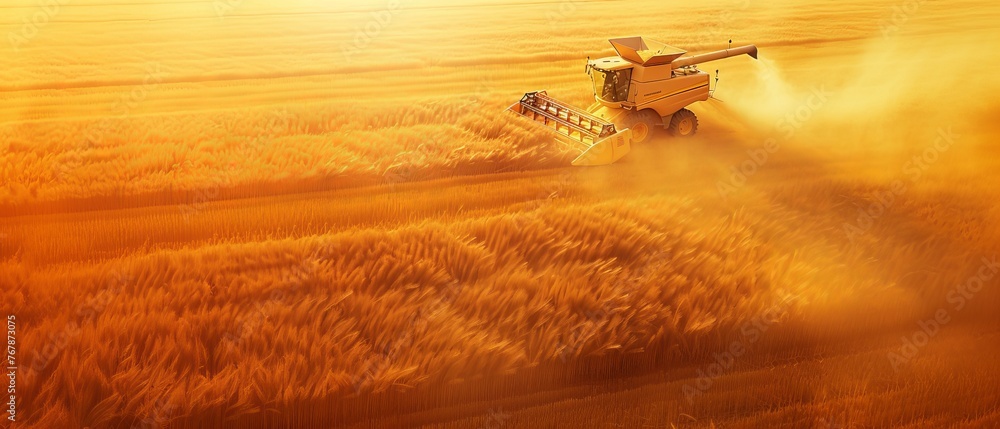 Poster stunning wheat field at sunset with a combine harvester harvesting wheat. aerial view of a combine h