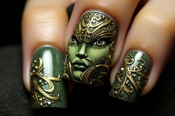 Exquisite green nail art with intricate gold detailing and a face design on a black background