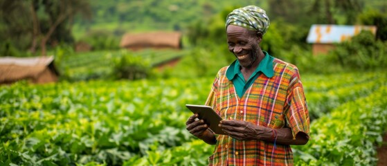 An African farmer stands in a green field holding a tablet - Powered by Adobe