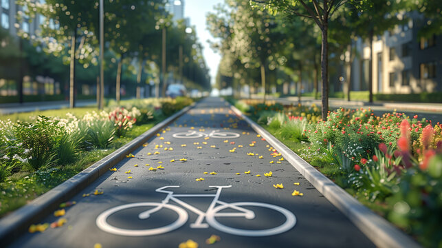 a well-made bicycle path is separated by green space from the rest of the city's infrastructure