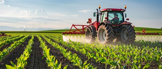 The tractor sprays pesticide on young corn - obrazy, fototapety, plakaty