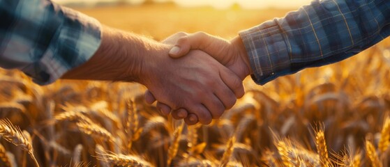 In a wheat field, farmers shake hands and sign an agreement. Concept for agricultural growth and agriculture business. - obrazy, fototapety, plakaty