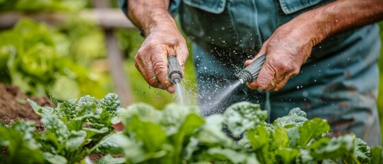 Vegetable green plants are sprayed with herbicides, pesticides, or insecticides by a farmer in the garden.