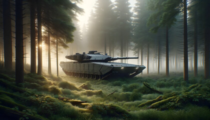 Tank in action on the battlefield in the forest. - obrazy, fototapety, plakaty