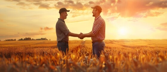 Two farmers shaking hands in a corn field, reaching an agreement. Happy and satisfied with the deal. - obrazy, fototapety, plakaty