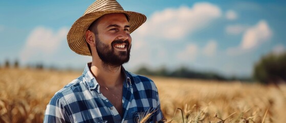 Senior farmer holding straw hat in hand and laughing smiling. Handsome young farmer wearing straw hat laughing. - obrazy, fototapety, plakaty