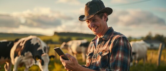 He is looking at his phone in front of cows while he stands in front of them. - obrazy, fototapety, plakaty
