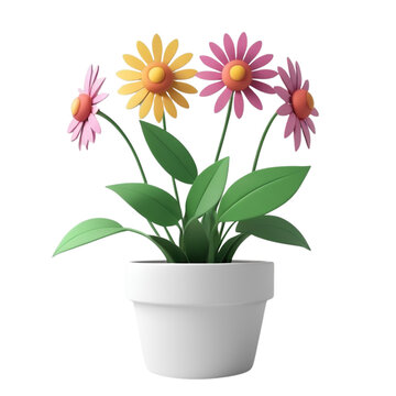3d rendering of cartoon flowers in a pot on Isolated transparent background png. generated with AI