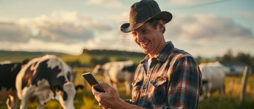 He is looking at his phone in front of cows while he stands in front of them.