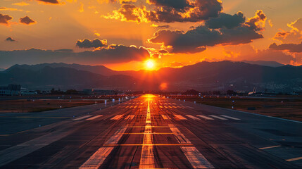The image captures a runway leading towards a breathtaking sunset with mountains silhouetted in the background, creating a serene yet dynamic scene - obrazy, fototapety, plakaty