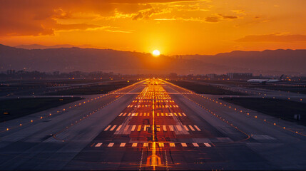 This image showcases an airplane taxiing on a glowing airstrip during sunset, with an impressive mountain range and a hazy sky adding depth to the scenery - obrazy, fototapety, plakaty