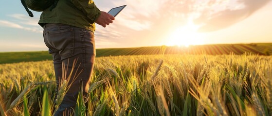 Agriculture, farmer with tablet walks across wheat field in broad daylight. An agronomist works in rural land after sunset, makes bread on a farm plantation, grows green wheat.