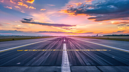 A vibrant twilight sky with a spectrum of colors sets the backdrop for this empty runway, giving it a sense of anticipation and potential