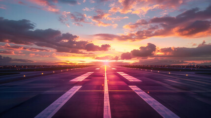 This stunning image showcases a colorful sunset with dramatic clouds over an airport tarmac invoking a contemplative mood