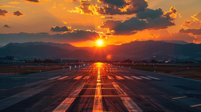 The image captures a runway leading towards a breathtaking sunset with mountains silhouetted in the background, creating a serene yet dynamic scene