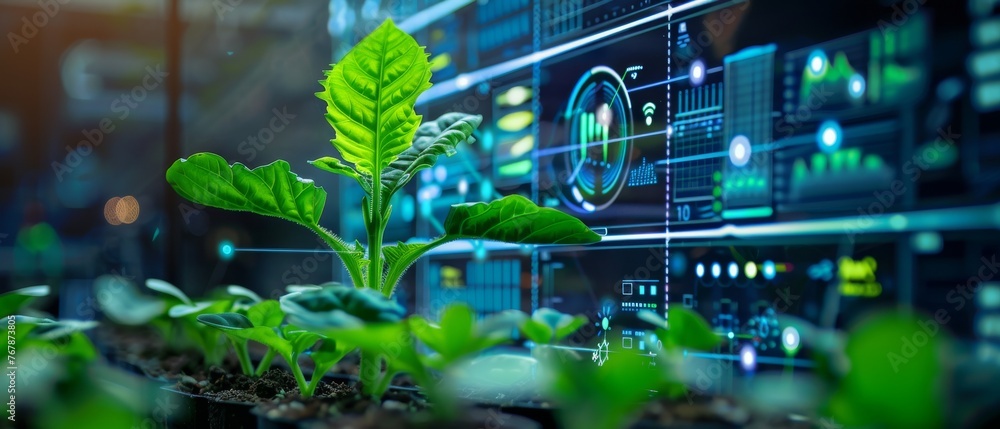 Poster A young plant with a cyber display displaying the concept of smart farming 4.0.