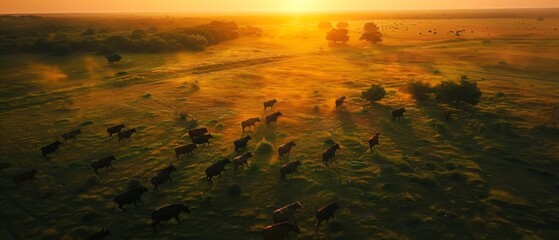 Aerial view of cows loose in a field at sunset during the summer.