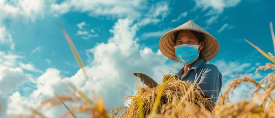 There is a beautiful blue sky and cloud background behind a female farmer harvesting rice with a sickle and smiling, holding a bunch of rice, wearing a hat and mask. - Powered by Adobe