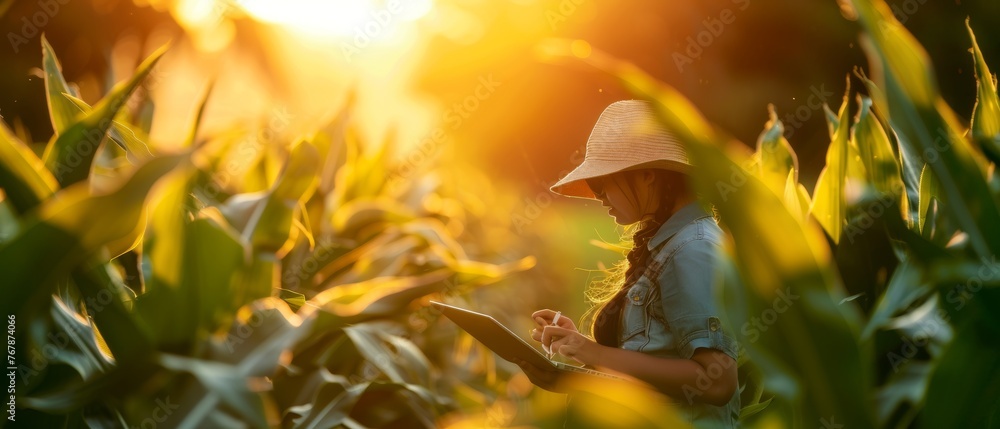 Poster worker on farm. working with computer on farm. business farm. farmer on green corn field with laptop
