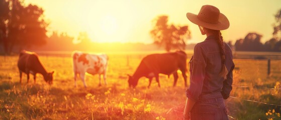 In the evening, a female farmer feeds cows in the field - obrazy, fototapety, plakaty