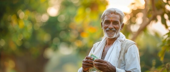 Handsome agricultural laborer in white kurta pajamas holding five hundred rupees banknotes - financial concept of middle-aged Indian farmer smiling and showing his monthly income. - obrazy, fototapety, plakaty