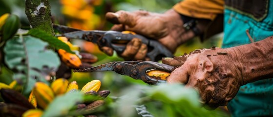 An agricultural cocoa business produces cocoa pods and ripe yellow cacao fruits by cutting them with pruning shears. - obrazy, fototapety, plakaty
