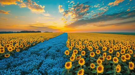 A field adorned with sunflowers and the Ukrainian flag planted proudly in the ground - obrazy, fototapety, plakaty