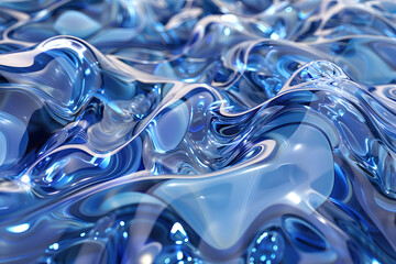 abstract 3D background in the form of transparent blue waves, texture of liquid glass or plastic, blue iridescent shiny waves