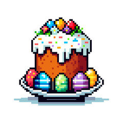 pixel icon with Easter cake on a large plate, around it are multi-colored painted eggs on a white background, Easter holiday