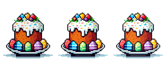 pixel icon with Easter cake on a large plate, around it are multi-colored painted eggs on a white background, Easter holiday