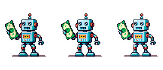 pixel icon with a robot holding dollar money in his hand on a white background - obrazy, fototapety, plakaty