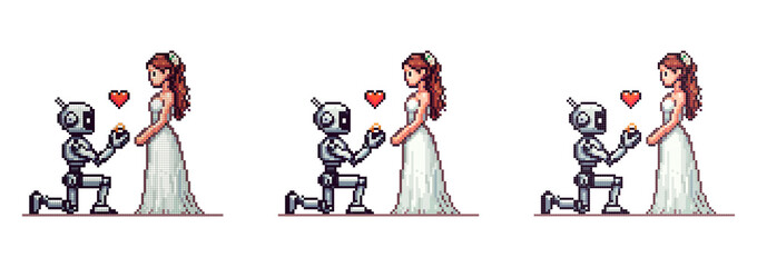 pixel icon with a robot standing on one knee in front of a girl in a white wedding dress, in his hands he holds a ring, wedding of a robot and a human on a white background
