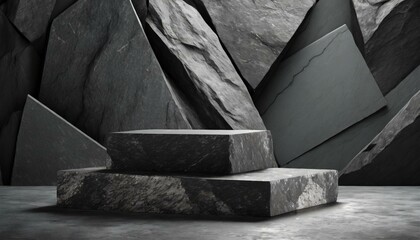 a professional and polished mockup featuring a dark geometric stone and rock shape background for showcasing products or designs on a podium. Implement a minimalist approach with clean lines and subdu
