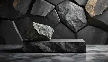 stone wall background.a professional and polished mockup featuring a dark geometric stone and rock shape background for showcasing products or designs on a podium. Implement a minimalist approach with - obrazy, fototapety, plakaty