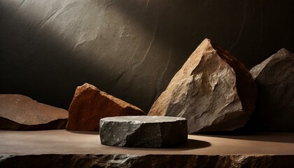 a visually striking mockup featuring a dark stone and rock shape background with minimalist podium displays, evoking a sense of modernity and sophistication. Experiment with dramatic lighting and shad - obrazy, fototapety, plakaty