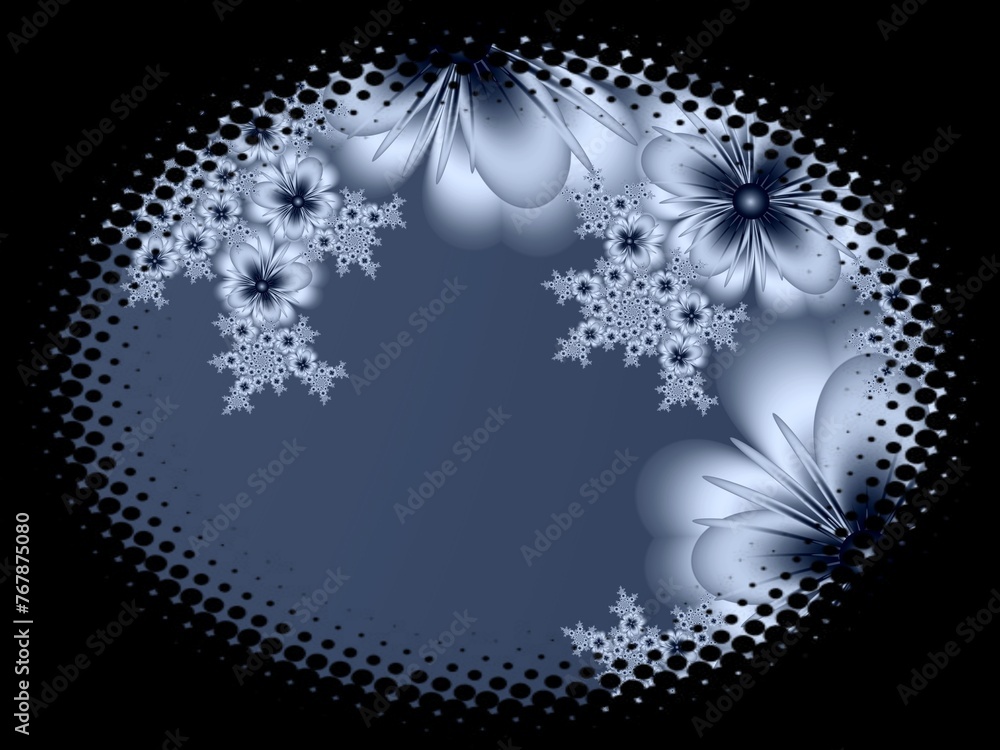Poster fractal image in an oval frame with flowers on a dark background..template with place for inserting 