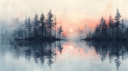 Tranquil Forest Lake Reflections at Dawn in Muted Tones - obrazy, fototapety, plakaty