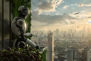 Artificial intelligence, robot thinking about world, looking at the city. Futuristic concept. - obrazy, fototapety, plakaty