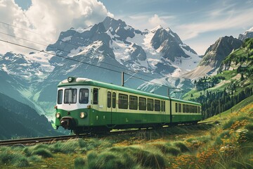 a train on the tracks with mountains in the background - obrazy, fototapety, plakaty