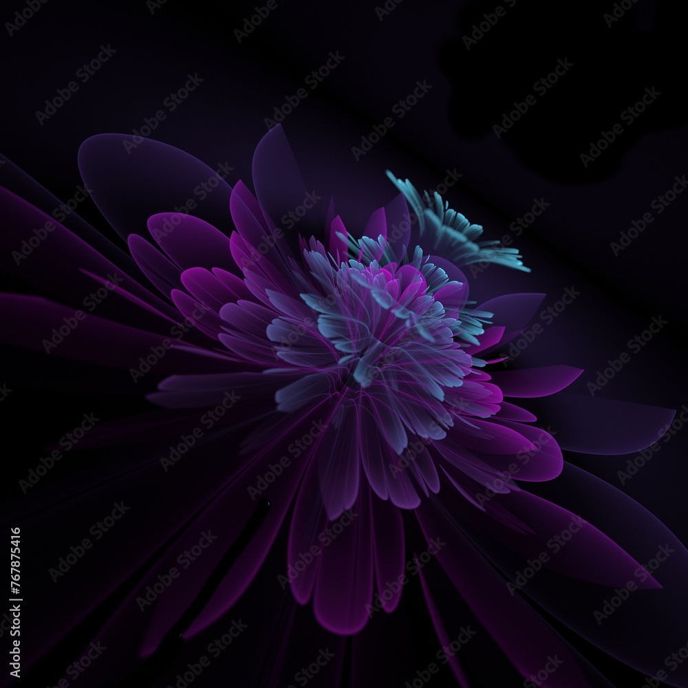 Poster a fantastic image of a rendered fractal flower on a dark background..original background for your gr