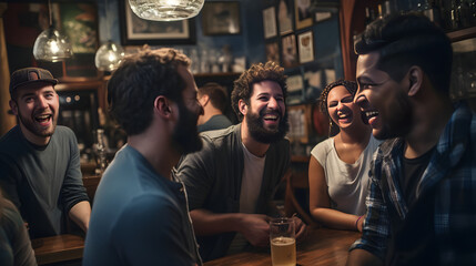 Hilarious moment of laughters featuring a guy making funny gestures in a social gathering - obrazy, fototapety, plakaty