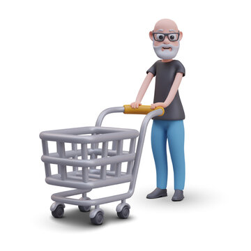 Grandfather in glasses stands next to empty shopping cart. Elderly male character