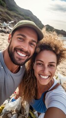 A man and woman smiling for a picture on a beach
