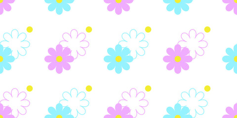 Pink and blue flowers isolated on a white background. Cute baby seamless pattern. Flat design. Background for cover, textile, decor. 